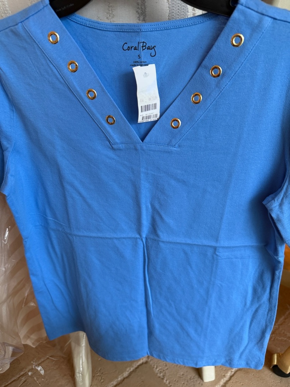 Coral Bay Bright Blue V-Neck Short Sleeve Tee with Gold Eyelets